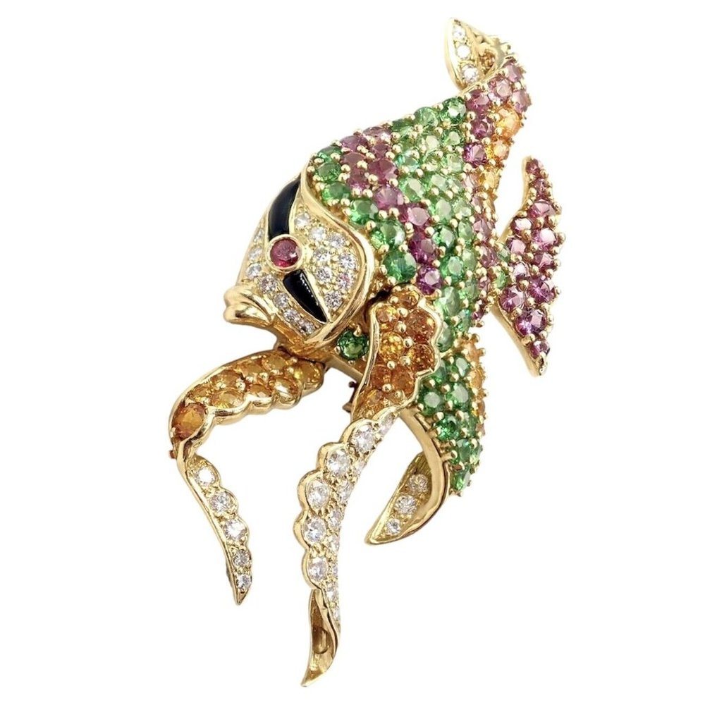 Authentic! Rare Jean Vitau 18k Yellow Gold Diamond Color Stone Angel Fish Brooch - Picture 5 of 12